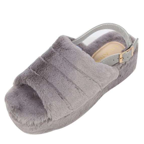 Liliana Women's Open Toe Fuzzy Slingback Platform Wedge
