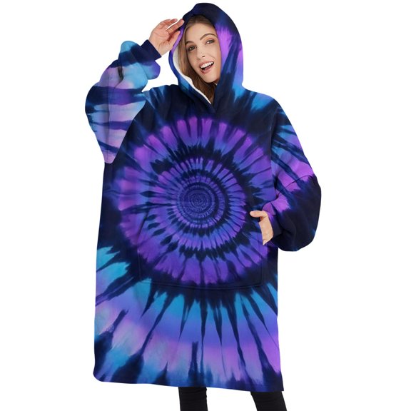 Oversized Wearable Blanket Hoodie,Blue Purple Tie Dye Mandala Pattern Sherpa Blanket Hoodie with Super Pockets,Super Warm Fuzzy Pullover for Women & Men