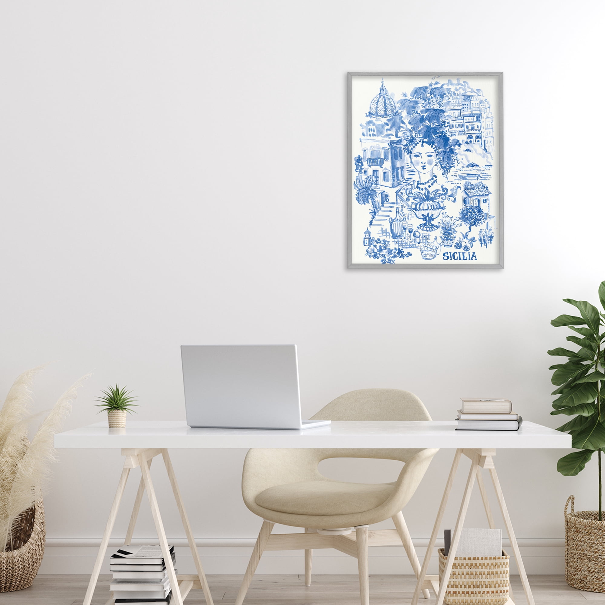 Stupell Industries Sicilia City In Blue Gray Framed Giclee Art, design by Karolina Sato