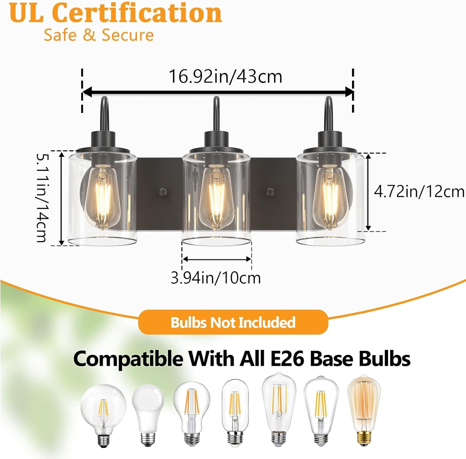 Bathroom Vanity Light 3 Lights Black Vanity Lighting Fixture over Mirror Light with Clear Glass Shades for Hallway, Kitchen, Living Room, Bedroom
