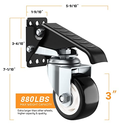 Workbench Casters Wheels 880Lbs Retractable Casters Set of 4 Heavy Duty Side Mount Caster Rollers 3" Stepdown Castor Wheels for Bench Machinery Work Table with Installation Template, 4 Pack