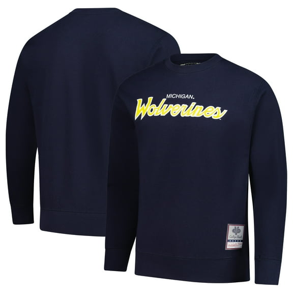 Men's Mitchell & Ness  Navy Michigan Wolverines Elite Script Pullover Sweatshirt