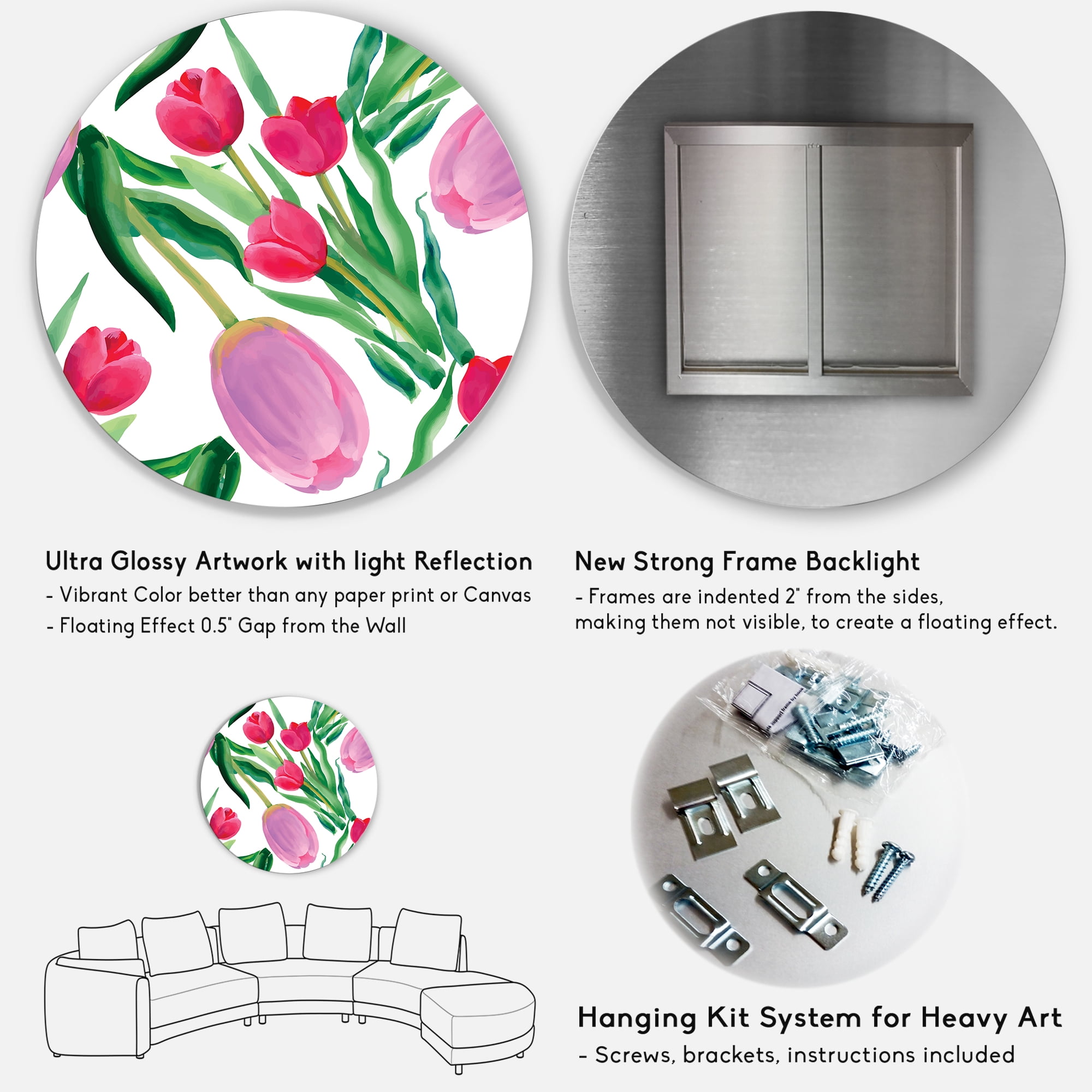 Designart 'Blooming Beautiful Pink Tulips Flowers On White' Traditional Circle Metal Wall Art 36x36 - Disc of 36