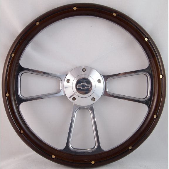 69-94 CHEVROLET CARS All Models excl. Corvette, Sprint, Spectrum, 86-88 Nova 14" Stained Mahogany with Rivets Brass Wood Billet Black Steering Wheel Set Adapter & Horn
