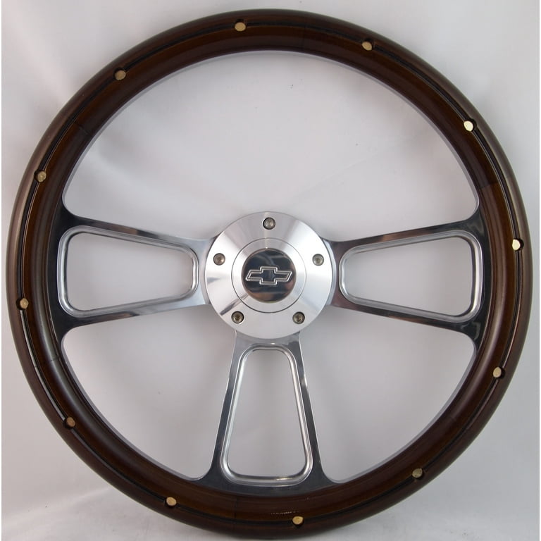 Steering Wheel 14 Inch Black Billet With Real Wood & Chevy Bowtie Horn Button Chevy Steering Wheel Cover - Foto 9