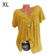 thumbnail image 1 of Camiseta de mujer con cuello en V, manga corta, camiseta de verano informal estampada, amarillo, XL seitruly AP001653-28, 1 of 5