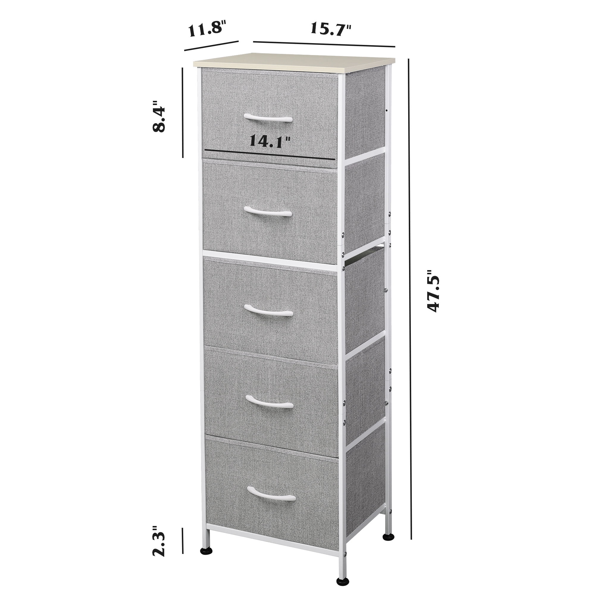 GALAXHERO 5-Drawer Tall Fabric Dresser with Wood Top, Storage Organizer Chest for Bedroom, Closet, Hallway, Sturdy Steel Frame, Light Grey