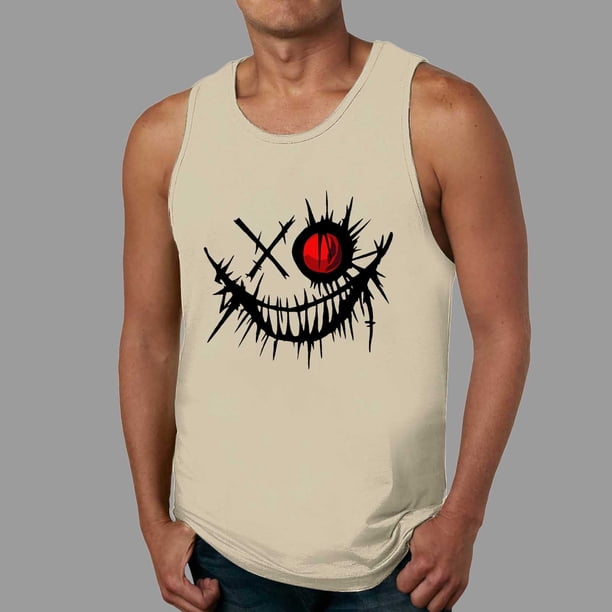 Ceisia Men's Slim Fit Crew Neck Sleeveless Tank Top Edgy Demon Smile Graphic Print Athletic Shirt Beige XXL Gifts