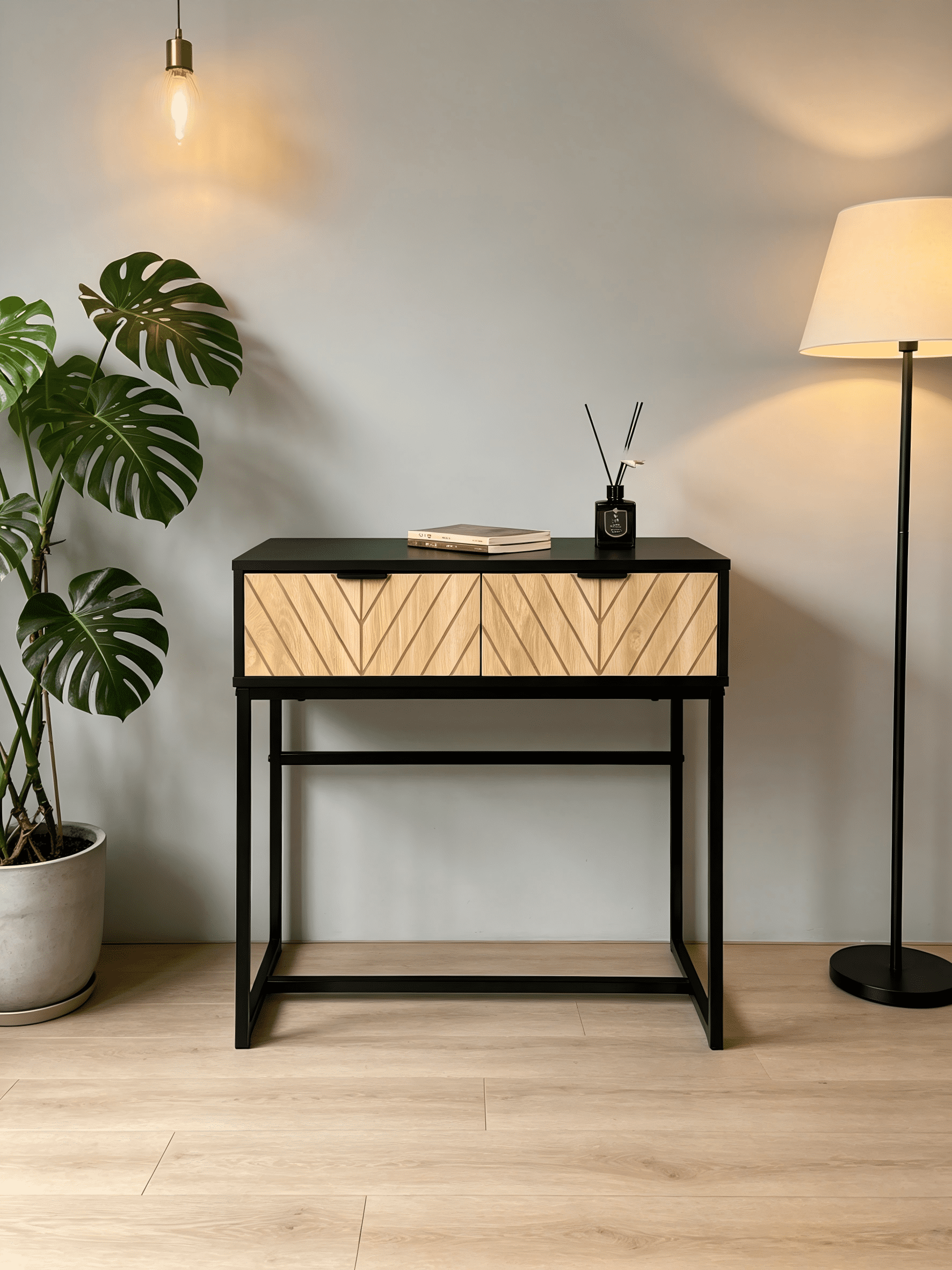 Modern Entryway Console Table, Matte Black Metal Frame Accent Table with Chevron Natural Wood Drawers, Compact Storage Sofa Side Table for Hallway Living Room Bedroom Small Spaces