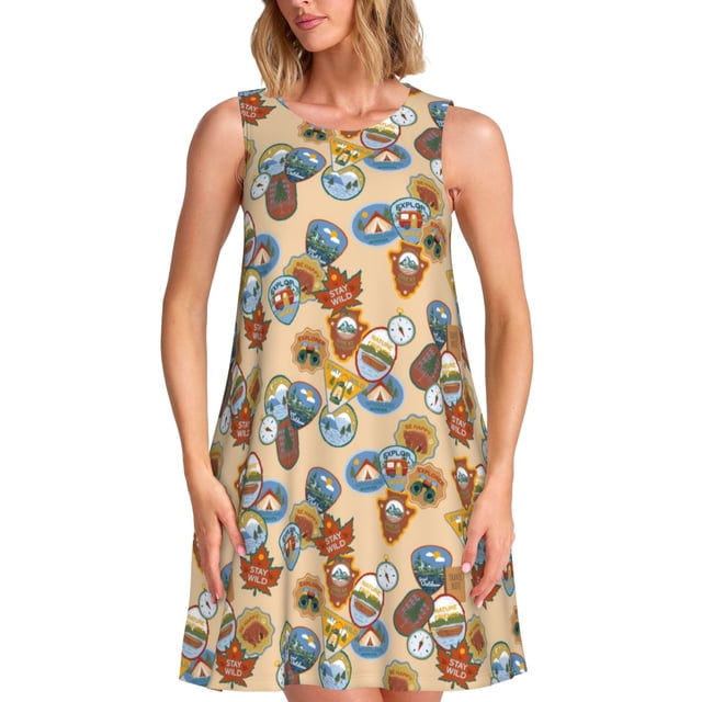 Fotbe Camp Badge Vestido de Verano sin Mangas para Mujer – Vestido Midi Línea A, Estilo Camiseta Floral, Vestido Playero Casual y Fluido