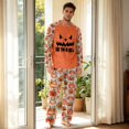 thumbnail image 3 of Men's Halloween Pajama Set Long Sleeve Raglan Crewneck Soft Cotton Loungewear with Print Top & Full Length Pants for Home Orange S, 3 of 6