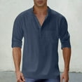 thumbnail image 2 of DODADAWANJ Cotton Linen Shirts for Men Big and Tall Roll Up Long Sleeve Shirt Casual Button Up Collared Neck Shirts Loose Fit Solid Color Tops Dark Blue XXL, 2 of 7