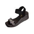 thumbnail image 2 of YgkuHd Women's Casual Wedge Sandals Open Toe Sparkling Rhinestone-Encrusted Strap Elastic Ankle Strap Cushioned Black,7, 2 of 9