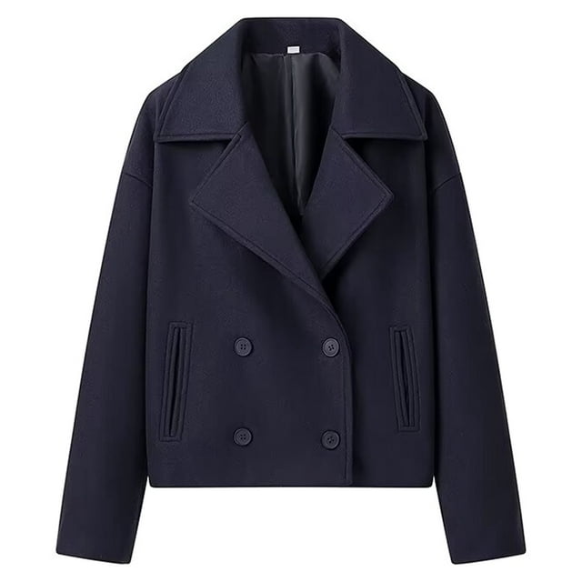 Abrigo Corto de Lana de Invierno para Mujer, Corte Holgado, Cruzado, Elegante, Tipo Blazer, Estilo Marinero Azul Marino L
