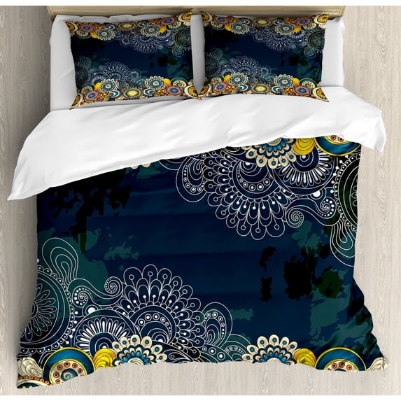 Psychedelic Queen Size Duvet Cover Set, Floral Bizarre Design Vintage Ornaments Leaves Paisley Pop Art Mandala Print, Decorative 3 Piece Bedding Set with 2 Pillow Shams, Blue Yellow, by Ambesonne