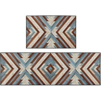 Shabby Wood Rustic Kitchen Rugs and Mats Non Skid Washable Set of 2, Wooden Vintage Kitchen Floor Mats, Blue Brown Kitchen Runner Rug, Geometric Kitchen Decor