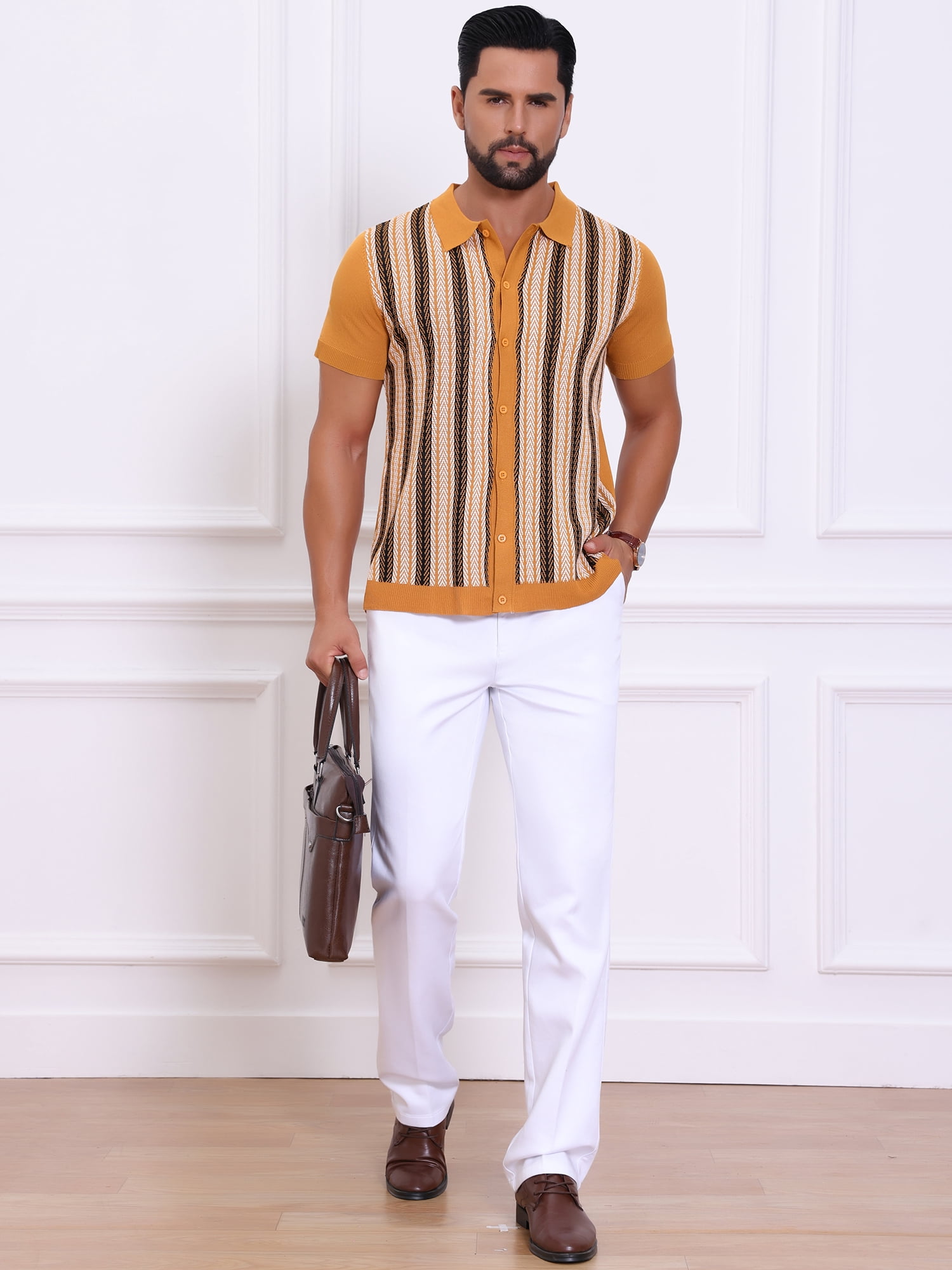 DARING DIVA Men's Striped Short Sleeves Button Down Jacquard Polo Shirts S Dark Yellow