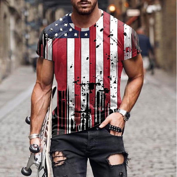 Blusas y camisas de manga corta y cuello redondo para hombre. Blusas de manga corta con cuello redondo y estampado del Día de la Independencia para hombre. Blusa para hombre.