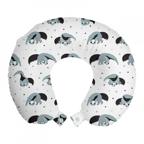 Animal Travel Pillow Neck Rest, Anteaters Star Wild Animals Funny Childhood Forest Mammals Woodland, Memory Foam Traveling Accessory Airplane and Car, 12", Blue Grey and Charcoal Grey, by Ambesonne
