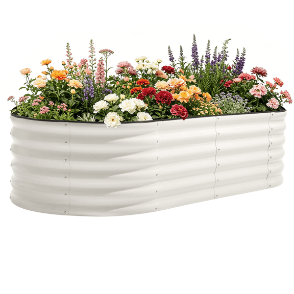 OBENSKY Galvanized Raised Garden Bed Outdoor 6x3x1.5 ft Oval Metal Planter Box with 3 Support Bars for Vegetables, Flowers - White