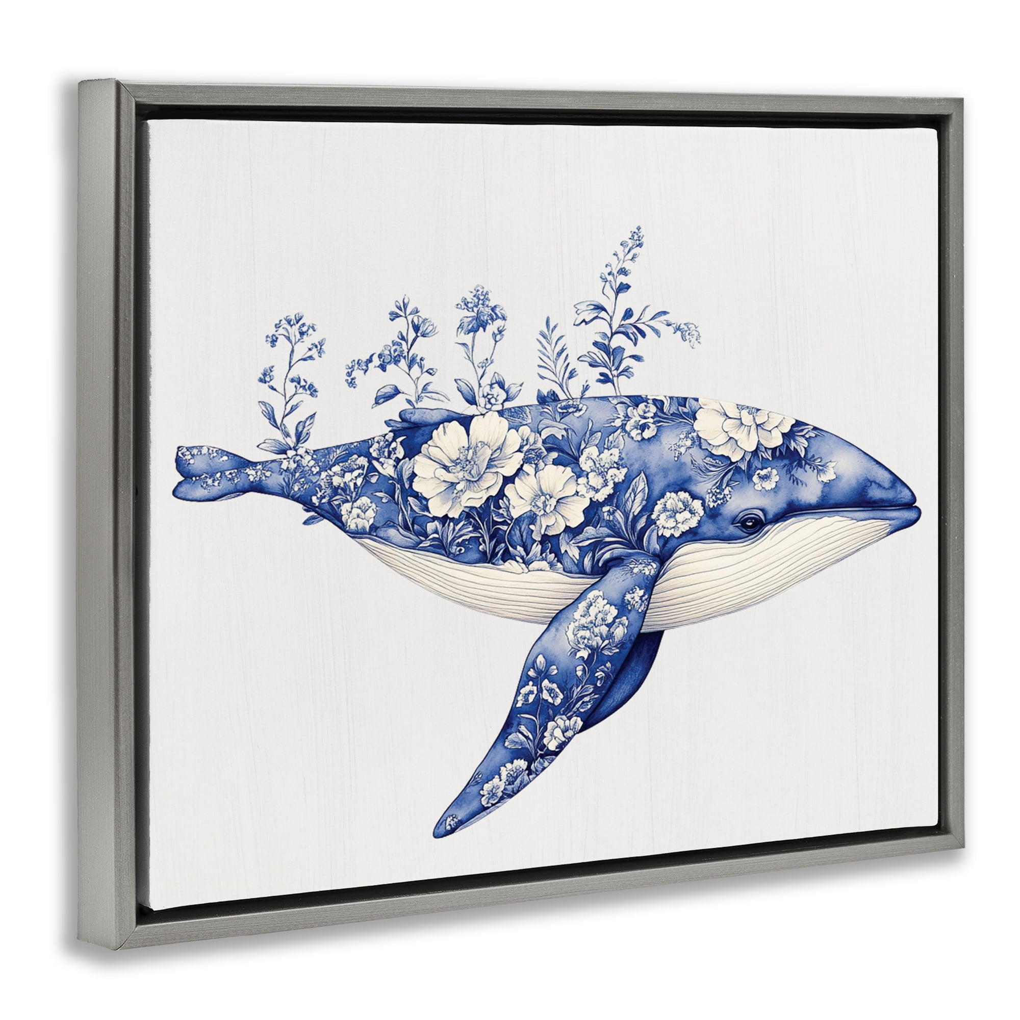 Blooming Toile Whale Gray Framed Floater Canvas Wall Art, design by Lettered and Lined