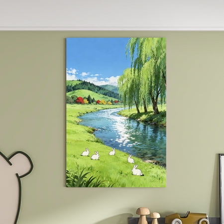 Fresh Anime Style Riverbank Green Scenery White Rabbit Printed Canvas Wall Art (Hidden Wooden Frame) - Cozy Decor for Kids’ Room, Living Room & Bedroom