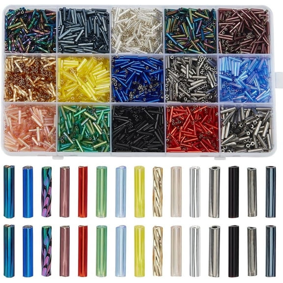 2818Pcs 15 Colors Long Tube Glass Beads 9mm Glass Bugle Seed Beads Twisted Spacer Loose Beads Mixed Color Craft Beads Accessories