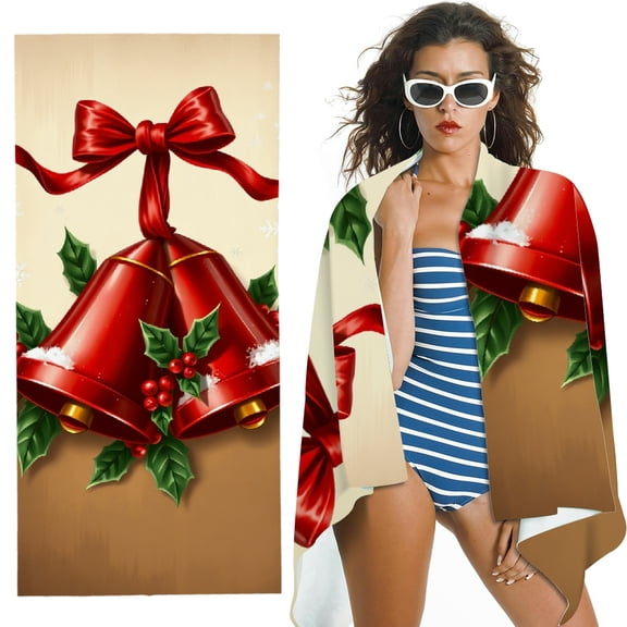 RKSupls Christmas Red Bell Holly Berry Microfiber Beach Towel, Extra Large Quick Dry Lightweight Absorbent Towel for Travel Swimming Camping, Soft Super Absorbent- 30x60 in