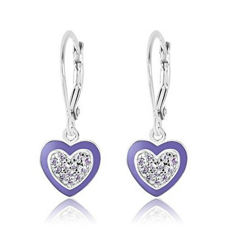 Childrens Sterling Silver Birthstone Earrings - Childrens Earrings 925 Sterling Silver White Gold Tone Purple Enamel Heart