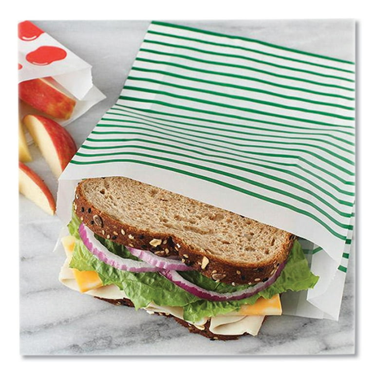 Paper Sandwich Bag, 7.1 x 2 x 9.4, White with Green Stripes, 50/Box Paper Sandwich Bag, 7.1 x 2 x 9.4, White with Green Stripes, 50/Box