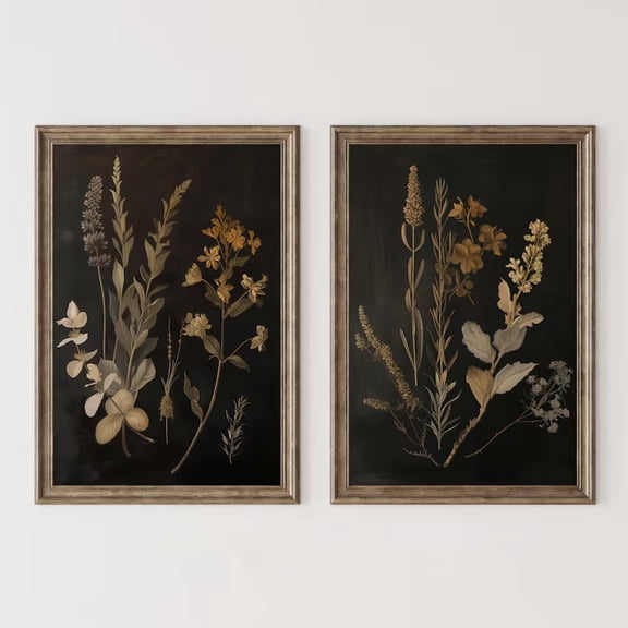 UNFFRAMED Luvia Set of 2 Vintage Floral Poster Wall Art Black Botanical Moody Flower Prints Dark Academia Decor for Bedroom Living Room Set 2 Prints 8x12