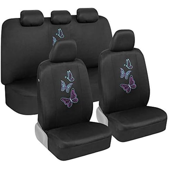 Blue Butterflies Car Seat Covers for Women, Full Set with Steering Wheel Cover and Seat Belt Pads – Front and Rear Covers with Matching Embroidered Accessories, Fits Most Car Truck Van SUV