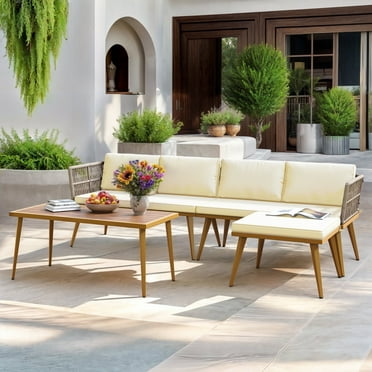 ModFusion 4-Piece Rattan Patio Sofa Set, L-Shaped Wicker Sectional with Cushions and Side Table, Beige