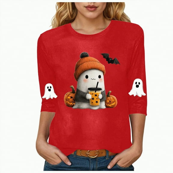 mgoYE Halloween Shirts for Women 3/4 Sleeve Fall Shirts for Women V Neck Pumpkin Ghost Graphic Halloween Thanksgiving Party Tops(Red,3XL)