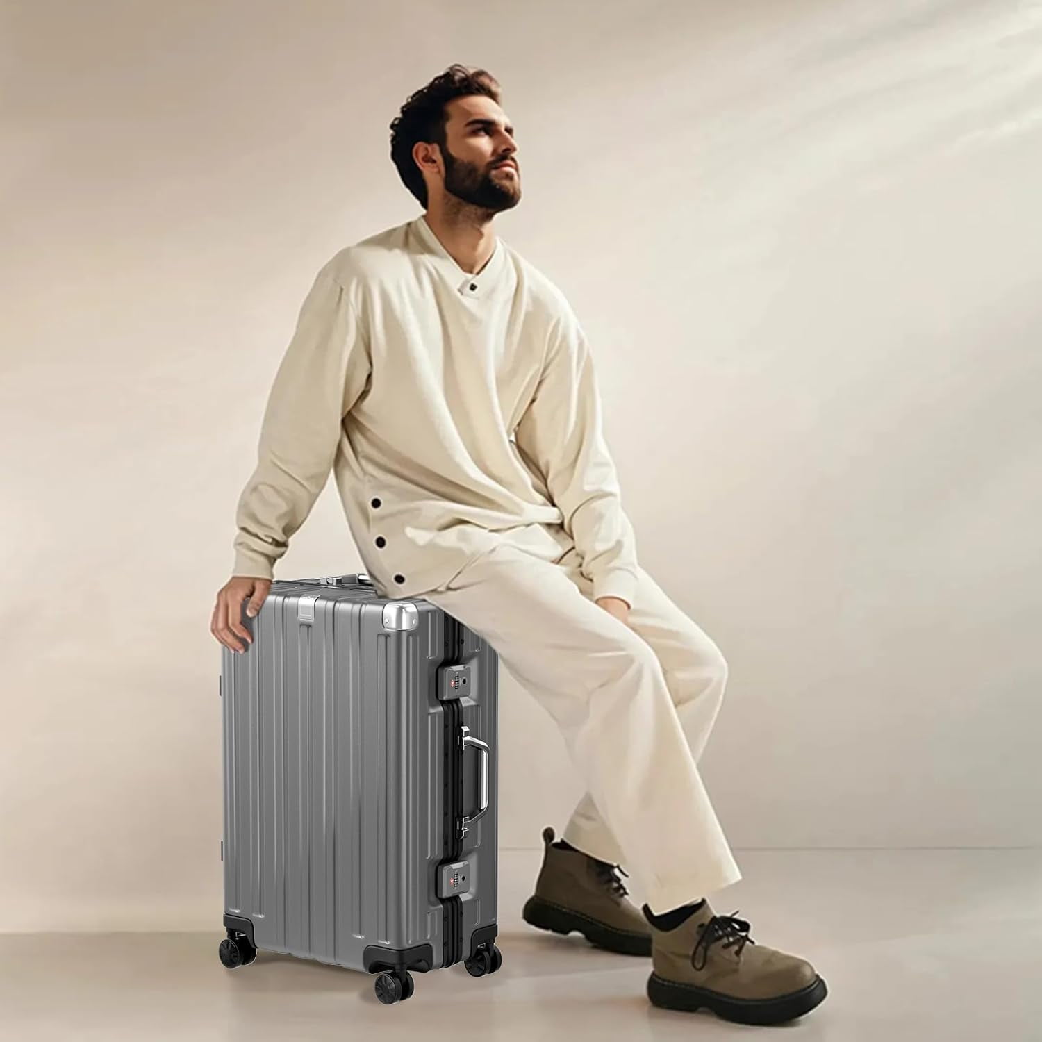 Checked Luggage Aluminum Frame Suitcase with Wheels PC ABS Hardside Zipperless with TSA Lock 24 Inch Gray