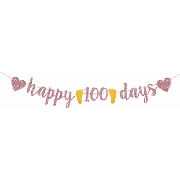 Happy 100 Days Banner, Rose Gold Glitter Baby's 100 Days Party Decor Bunting-Baby Shower Party Decorations (Pre-strung)