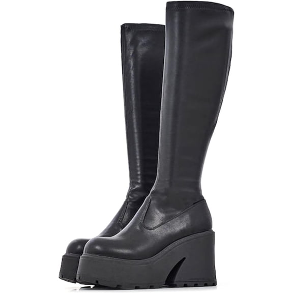 Knee High Boots Women Black Boots For Women Platform Chunky Heel Elastic Combat Boots Women Round Toe Fashion Motorcycle Punk Goth Boots