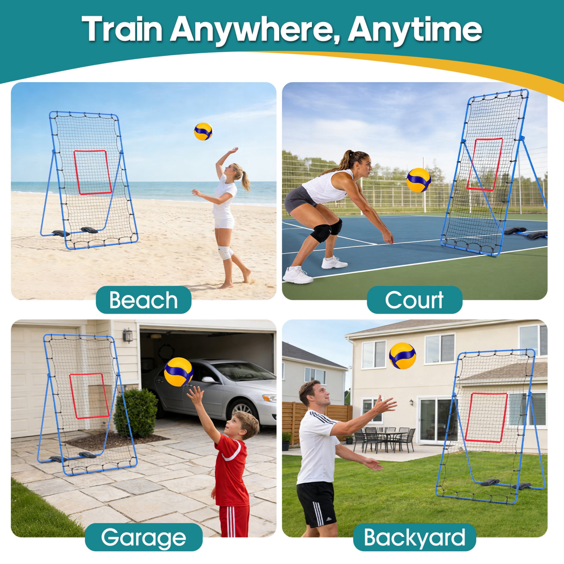 SHOUFTW 7x4 ft Volleyball Rebounder Net-Multi-Sport Training Bounce Back Net with Carry Bag, 5 Angle Adjustments for Indoor & Outdoor Practice, Blue