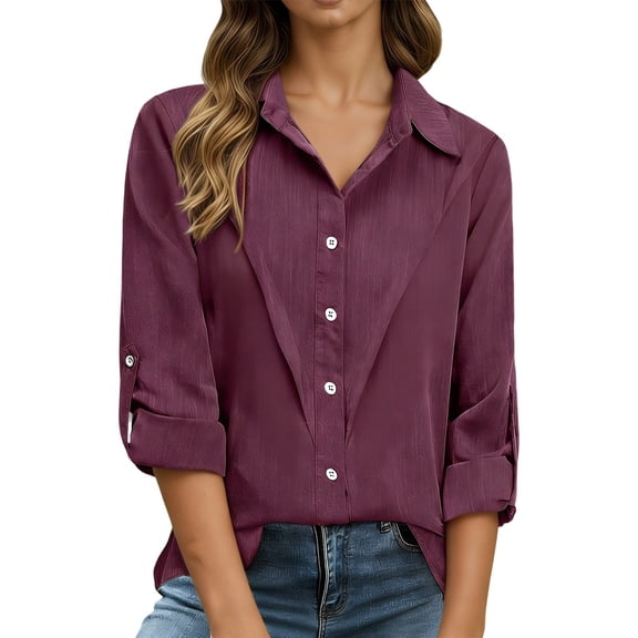 Luwomo Long Sleeve Shirt for Women Button Down Solid Color Lapel Design Elegant Lady Clothes