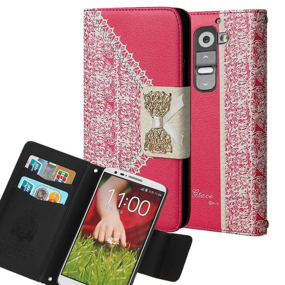 LG G2 / D802 Bow Luxury PU Leather Flip Case Wallet Cover Pink