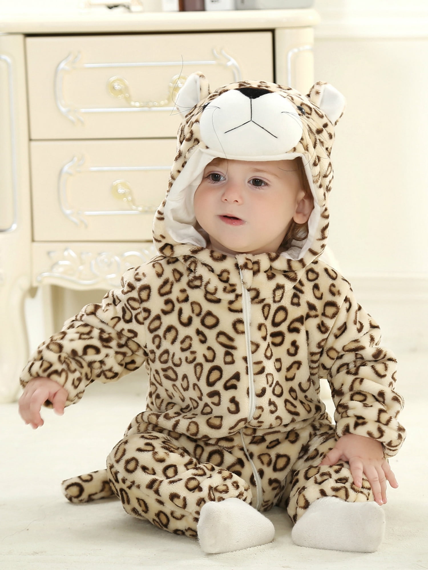 Licupiee Halloween Baby Animal Costume Winter Warm Tiger Leopard Costume  Hooded Romper Cosplay Jumpsuit 