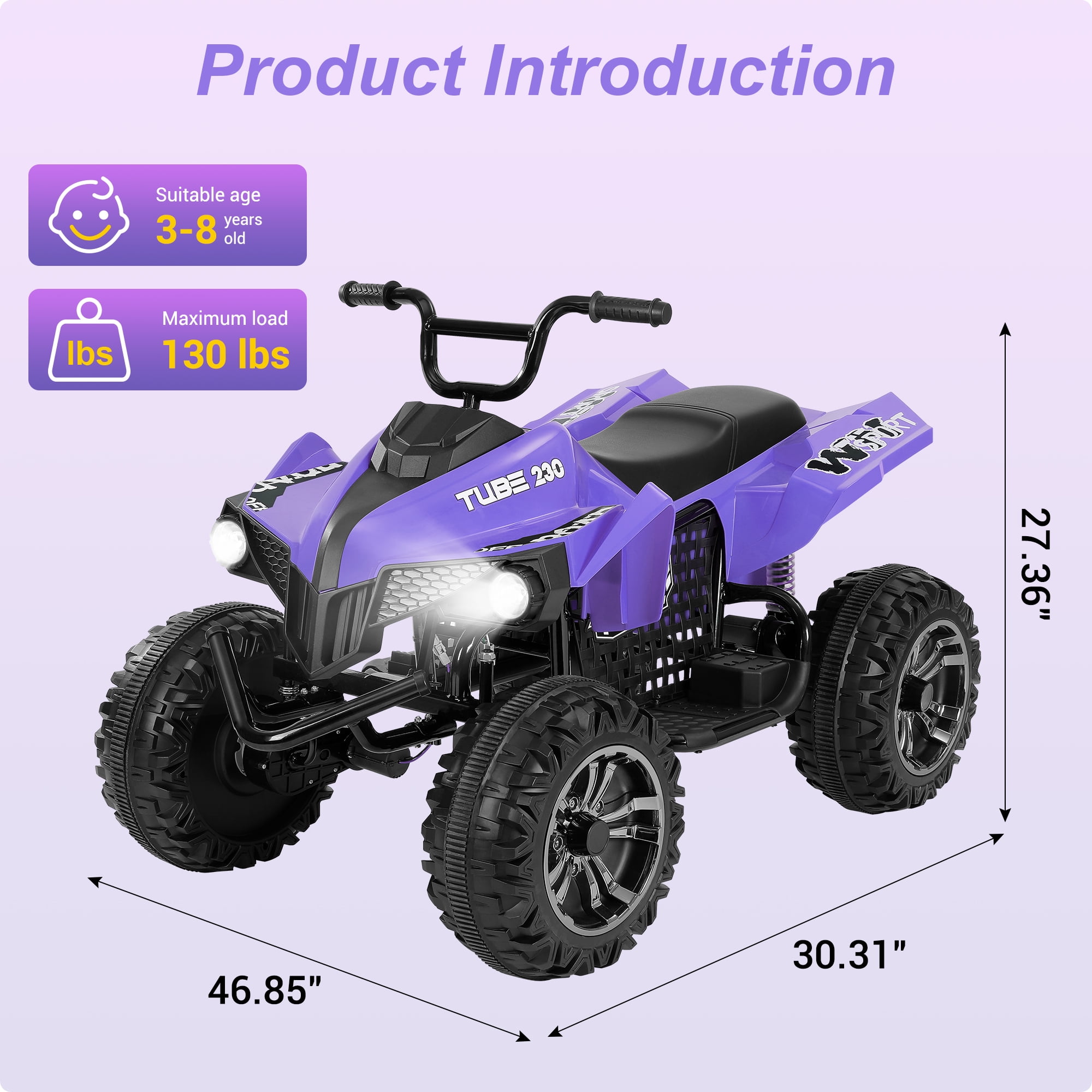 Neche 24V 2 Seater Ride on Toy, 4*200W Motors,9AH Battery Powered ,4-Wheeler Kids ATV with Bluetooth & LED lights, for Ages 3-8,Purple