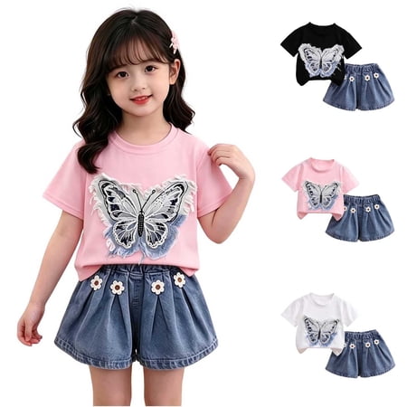 ZVAVZ Toddler Girl Summer Cute Outfit Butterfly Embroidered T Shirt and Denim Shorts Set 2 Piece Cotton Casual Tracksuit Set Black 2-3Years
