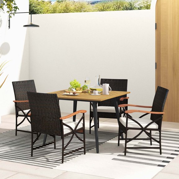 Costway 5 PCS Patio PE Wicker Dining Set Table and Chairs with Cushions 1.9" Umbrella Hole