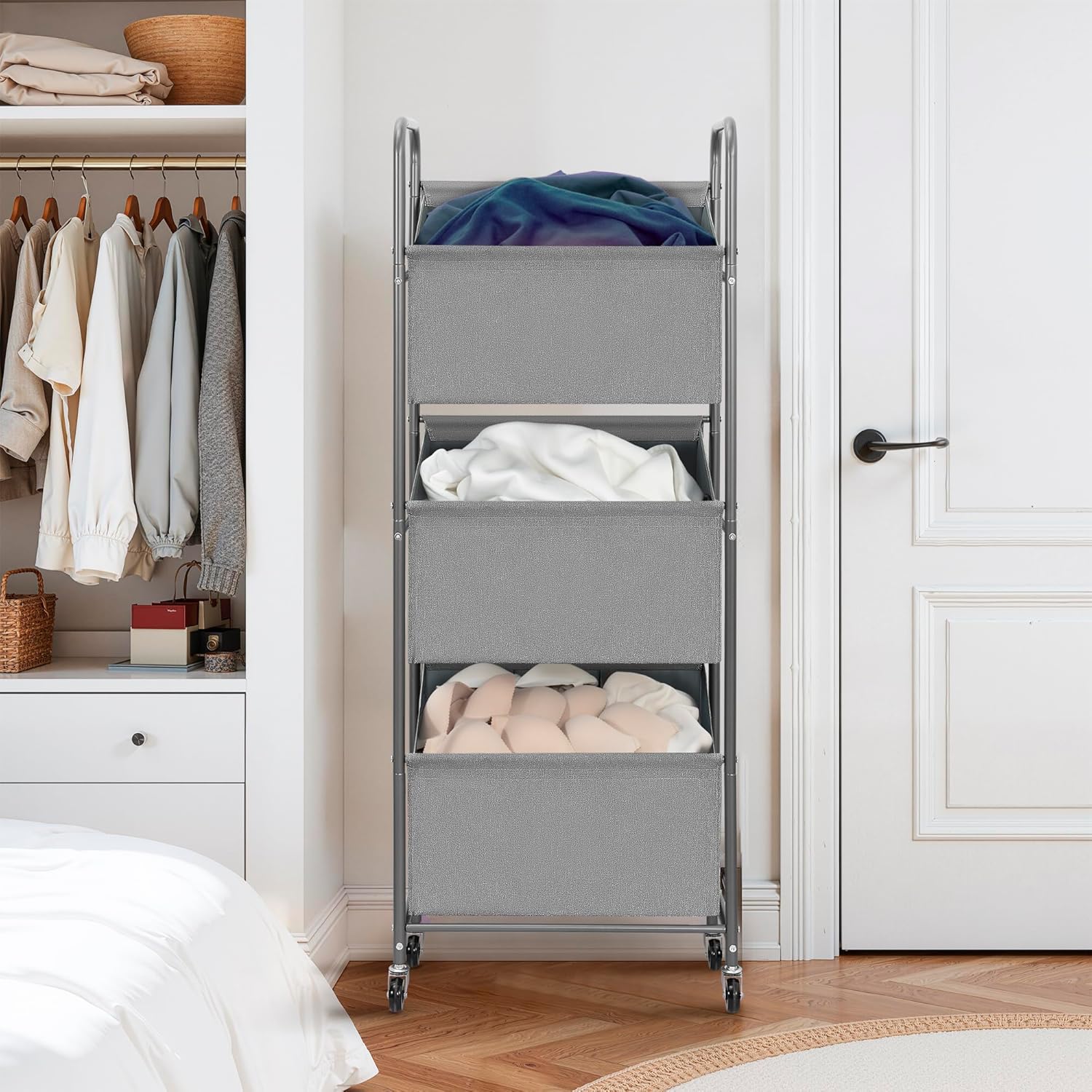 3-Tier Vertical Rolling Laundry Hamper with Removable Bags, 120L Stackable Laundry Sorter Basket, Clothes Hamper with Wheels for Small Spaces, Closet, Bedroom, Bathroom, Laundry Room, Gray