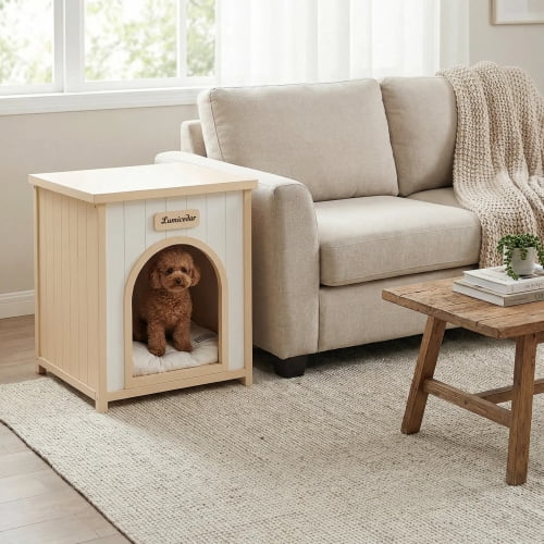 Indoor Wooden Dog House for Small Dogs and Cats Solid Cedar Pet House with Removable Cushion Scandinavian Design, Cream White,Light Yellow