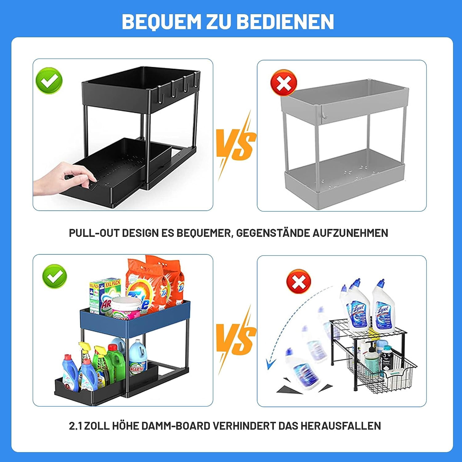 Under Sink Organizer, Bathroom Cabinet Organizer, 2 Tier Organizer Drawer with 4 Hooks & Sliding Cabinet Basket - Kitchen Organizer for Sink, Bathroom, Tabletop (Black)
