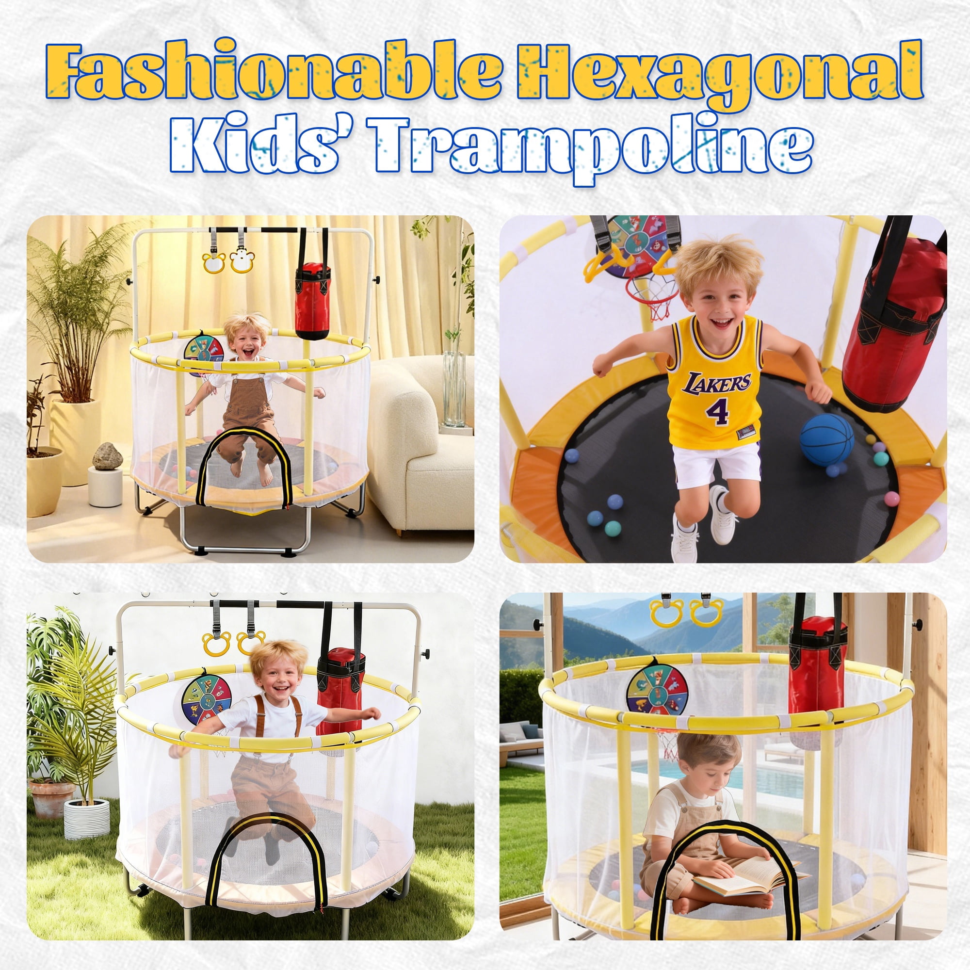 Toddler Trampoline with Basketball Hoop, Indoor Trampoline for Kids, Kids Trampoline with Enclosure Net, Backyard Trampoline with Handle, Small Trampoline for Indoor Outdoor, Mini Trampoline
