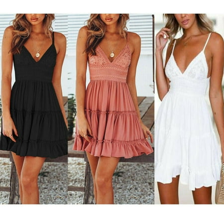 - Women Summer Boho Short Mini Dress Evening Cocktail Party Beach Dresses Sundress