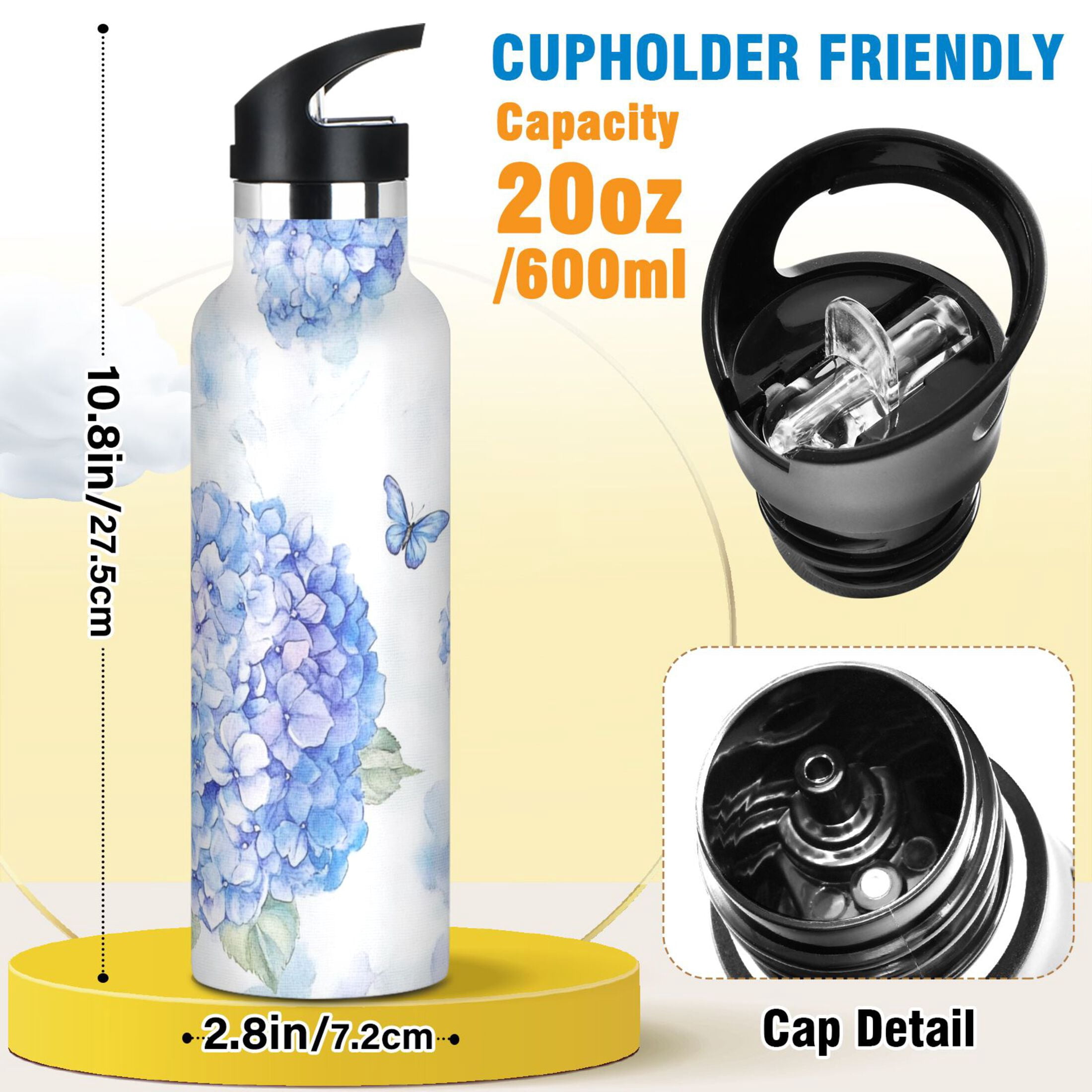 Kids Insulated Stainless Steel Sports Water Bottle 600ml (20oz) Blue Hydrangea Pattern